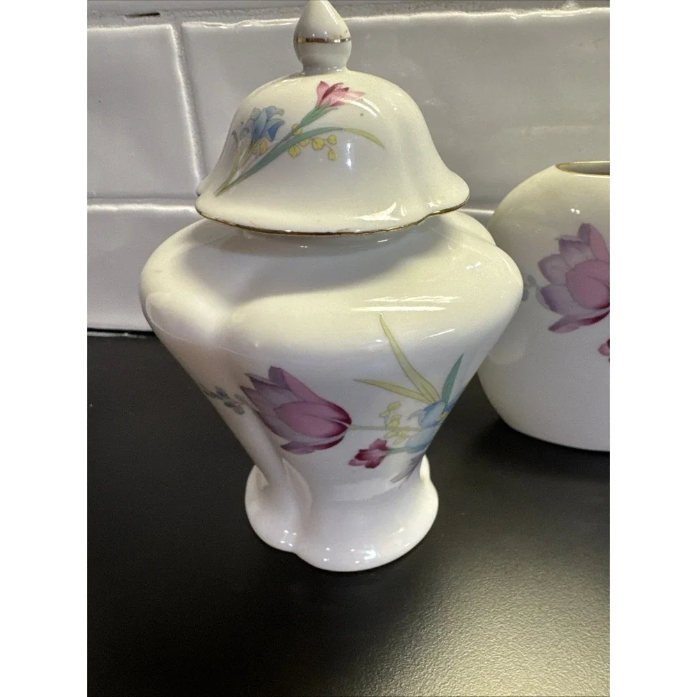 Japan Toyo Vase Jar Set of 3 with Beautiful Floral Design Gold Trim Cottage Core
